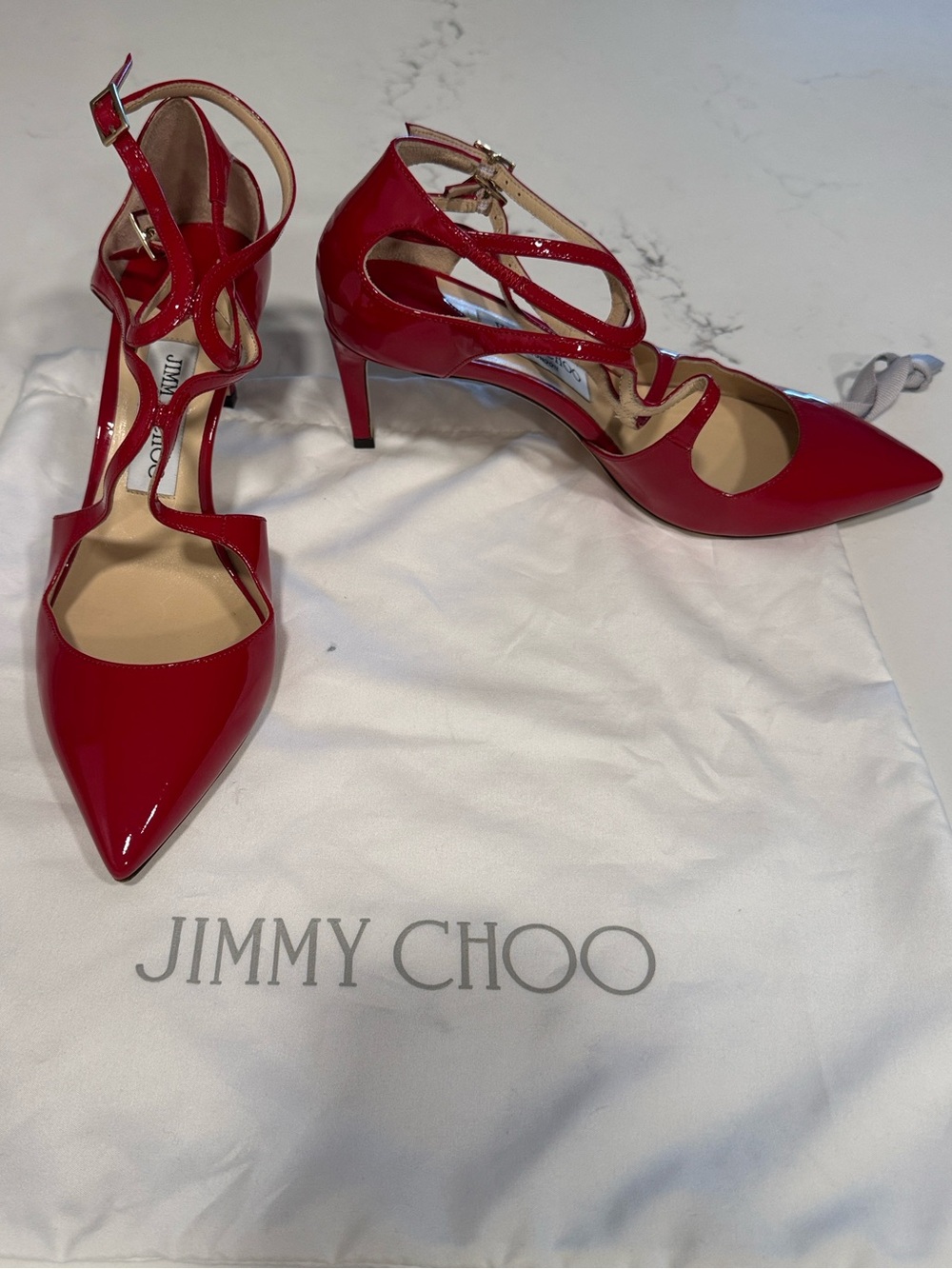 Jimmy Choo Cherry Red Patent Lancer Strappy Pointed-Toe Heels 65 in Size EU 38